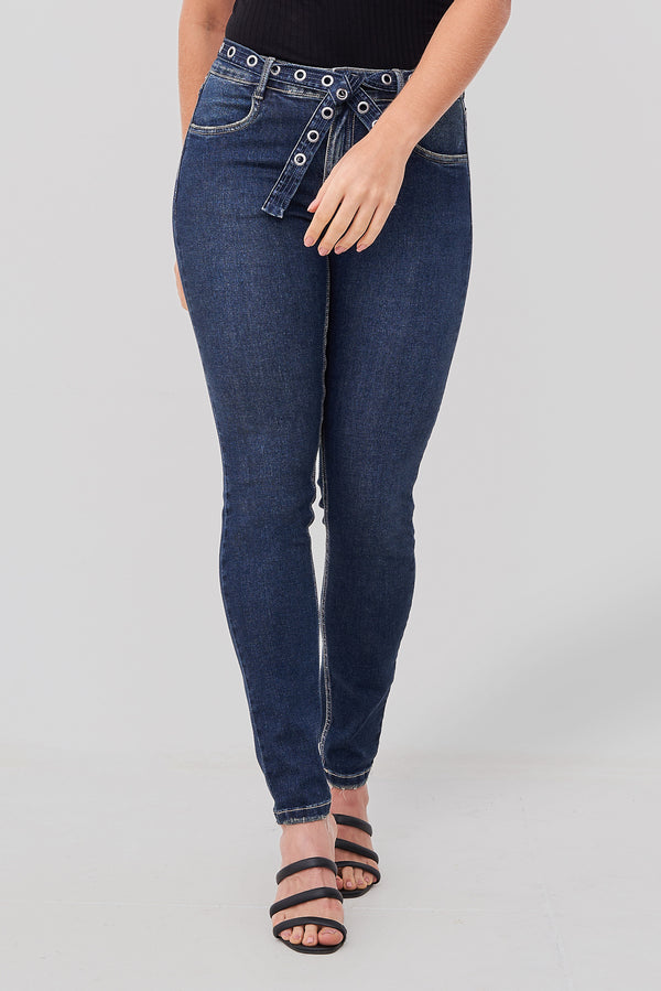 Calça Skinny Jeans Feminina Com Cinto Jeans Com Ilhós