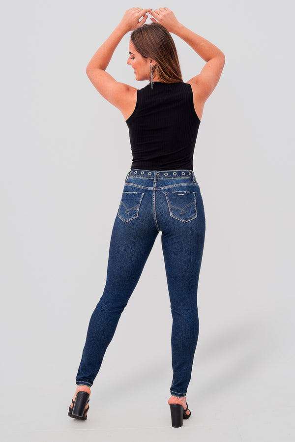 Calça Skinny Jeans Feminina Com Cinto Jeans Com Ilhós