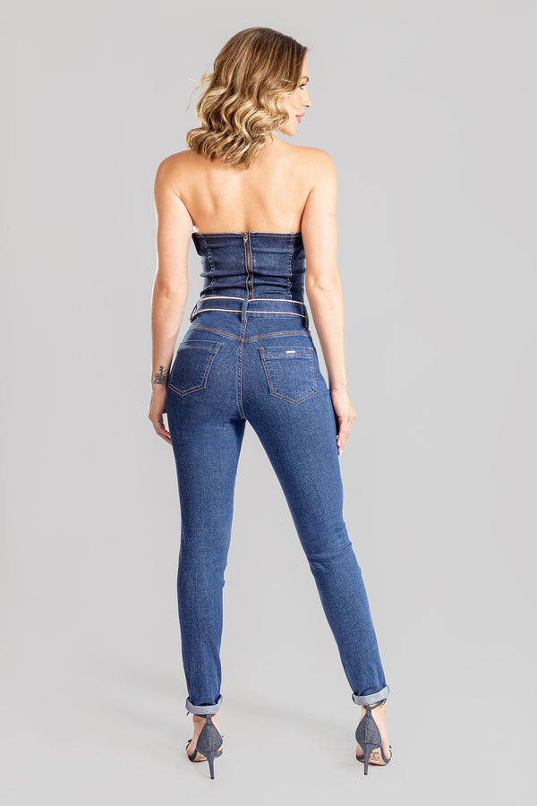 Calça Jeans Feminina Cintura No Lugar Com Cinto Jeans Desfiado e Fivela Lenço de Amarrar