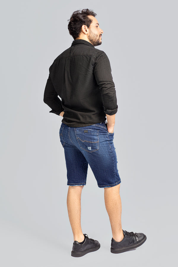 Bermuda Jeans Azul Escuro Masculina Regular Com Puídos
